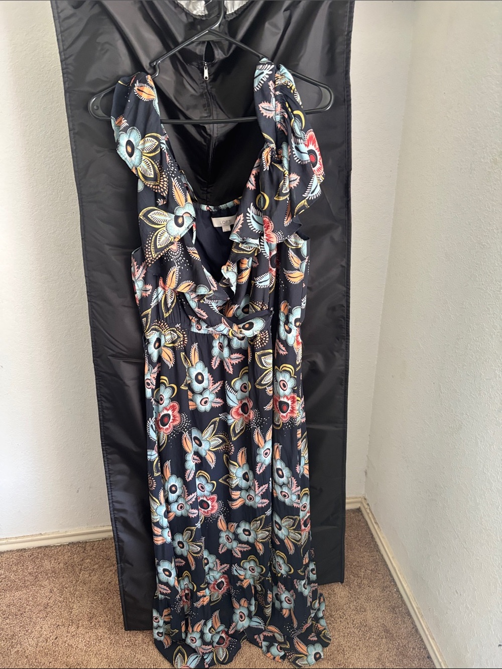 LOFT Black Floral Ruffle Maxi Dress with Blue & Pink Accents